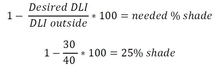 1 minus , , numerator , cap Desired , DLI. end numerator , over denominator , DLI. , outside end denominator , asterisk operator 100 equals needed , % , shade . 1 minus numerator , 30 , end numerator , over denominator , 40 , end denominator , asterisk operator 100 equals 25% , shade