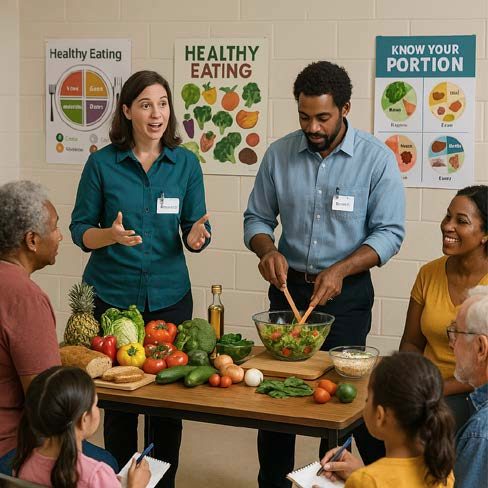 Extension professionals conducting a demonstration of preparing healthy foods.